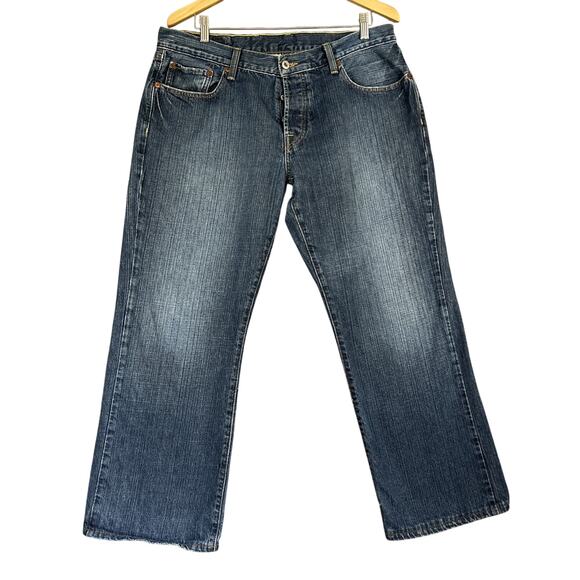 Lucky Brand Jeans 36 X 27" Hemmed Blue Hipster Wash Slim Bootleg Buttonfly Denim - Picture 1 of 15